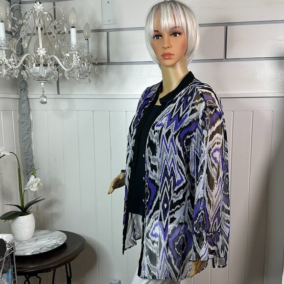 Sheer Purple, Black, White V Neck Button Mandarin Collar Investments II 2X - Picture 2 of 9